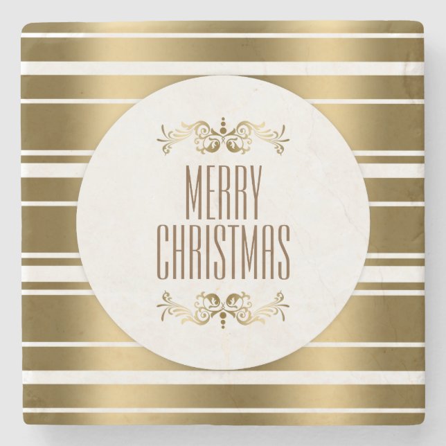 Elegant Shiny Gold Stripes Merry Christmas Stone Coaster (Front)