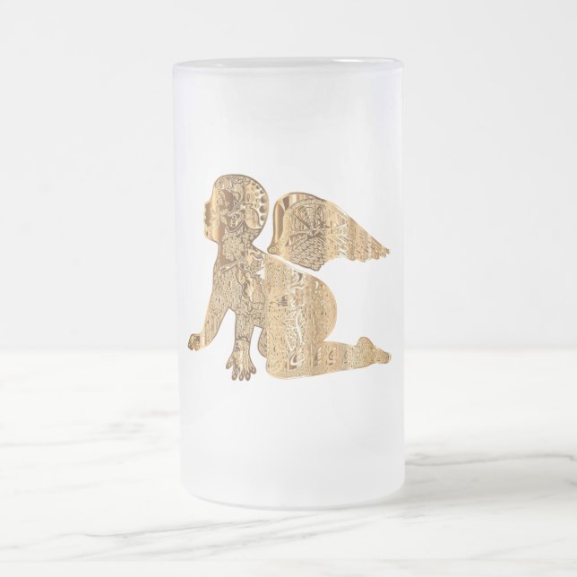 Elegant Shiny Golden Angel Heavenly White Frosted Glass Beer Mug (Center)