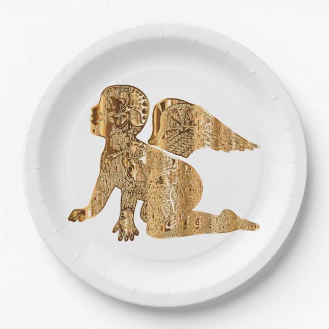 Elegant Shiny Golden Angel Heavenly White Paper Plate (Front)