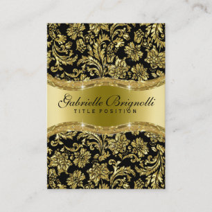 Elegant Shiny Metallic Gold & Black Floral Damasks Business Card