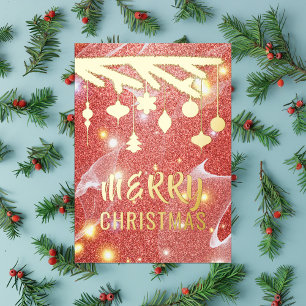 Elegant Shiny Red Glitter Gold Ornaments Christmas Foil Holiday Card