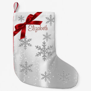 Elegant Shiny Snowflakes,Red Bow-Personalised Small Christmas Stocking