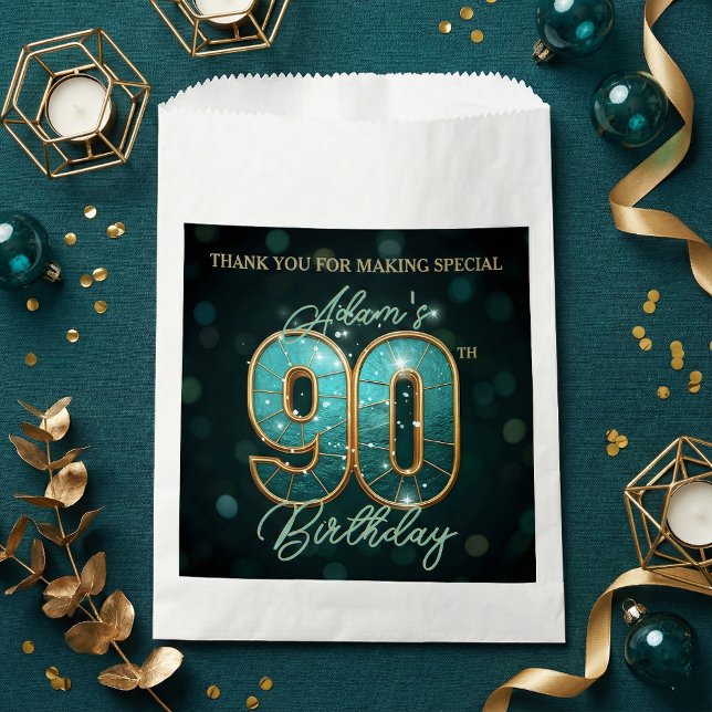 Elegant Shiny Teal Gold 90th Birthday Party Favour Bags (Creator Uploaded)