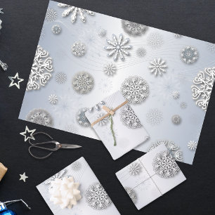 Elegant Shiny Winter Snowflakes On Silver Wrapping Paper Sheet