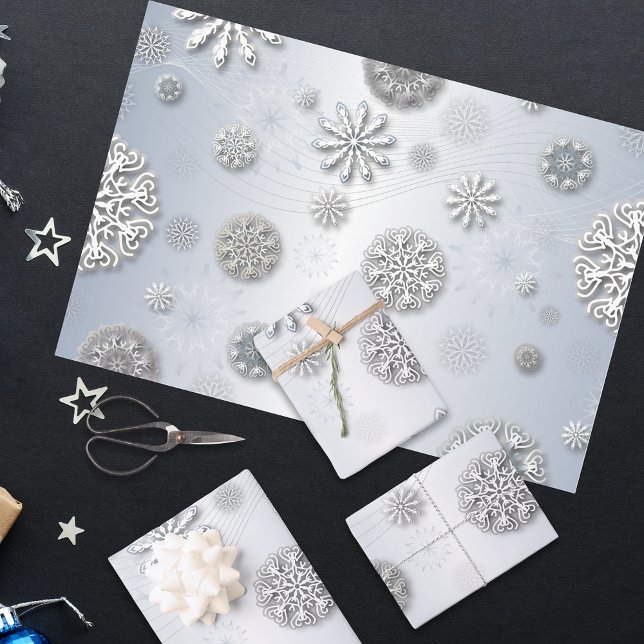 Elegant Shiny Winter Snowflakes On Silver Wrapping Paper Sheet (Creator Uploaded)