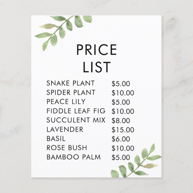 Elegant Shop Price List Display with green leaves Flyer (Front)