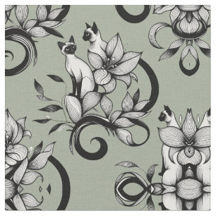 Elegant Siamese Cats Floral Vintage Illustration Fabric