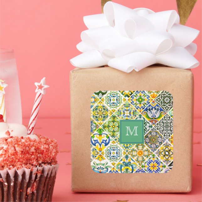 Elegant Sicilian Mediterranean green tiles Square Sticker (Party)