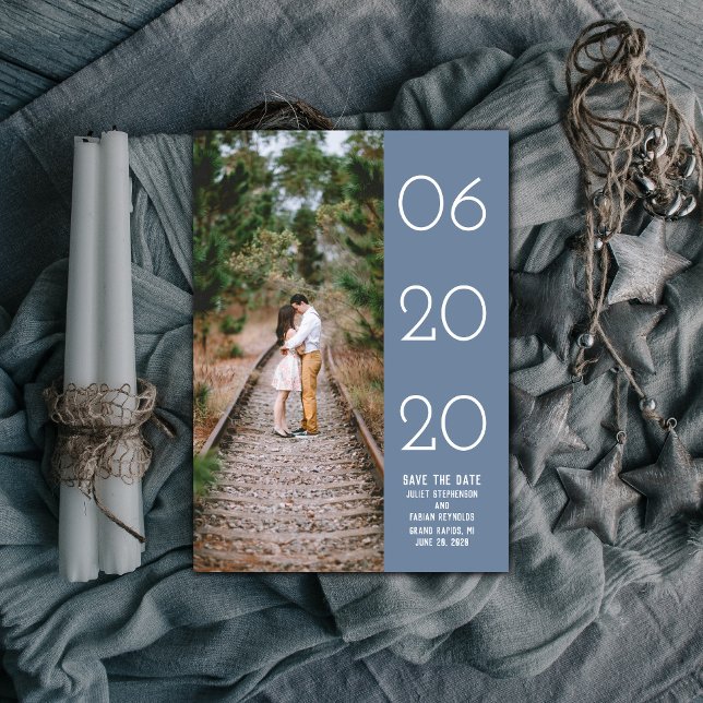 Elegant Side Swept Photo Save the Date | Blue (Blue Elegant Side Swept Photo Save the Date)