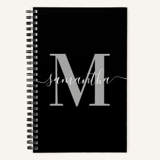 Elegant Signature Grey Modern Monogram Black Notebook