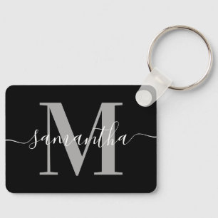 Elegant Signature Grey Modern Monogram Black Photo Key Ring