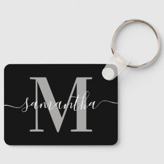 Elegant Signature Grey Modern Monogram Black Photo Key Ring