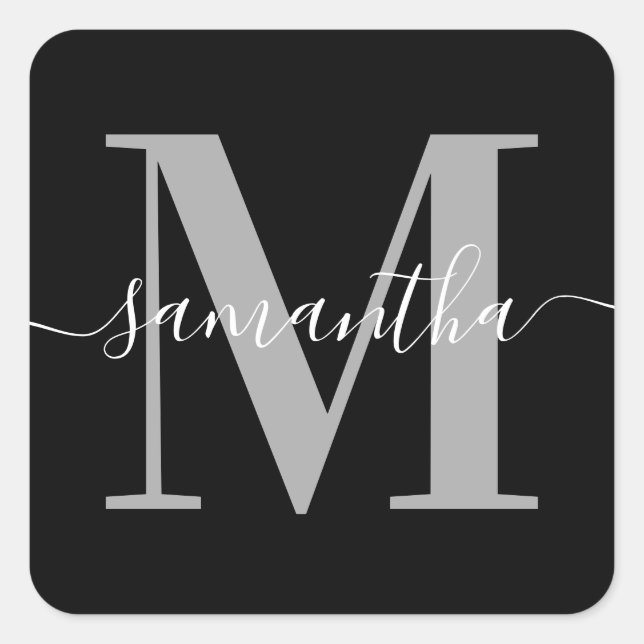 Elegant Signature Grey Modern Monogram Black Square Sticker (Front)