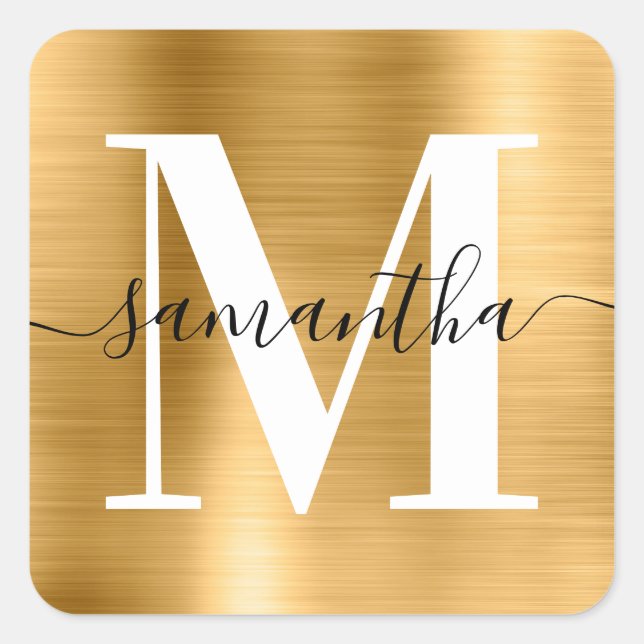 Elegant Signature Modern Monogram Gold Foil Square Sticker (Front)