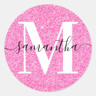 Elegant Signature Modern Monogram Pink Glitter Classic Round Sticker