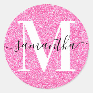 Elegant Signature Modern Monogram Pink Glitter Classic Round Sticker