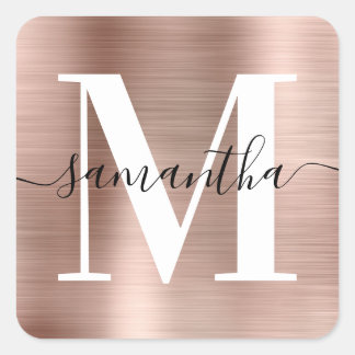 Elegant Signature Modern Monogram Rose Gold Foil Square Sticker
