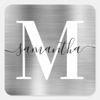 Elegant Signature Modern Monogram Silver Foil Square Sticker