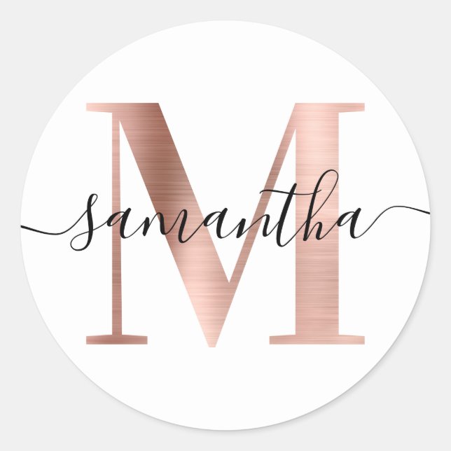 Elegant Signature Rose Gold Foil M Monogram Classic Round Sticker (Front)