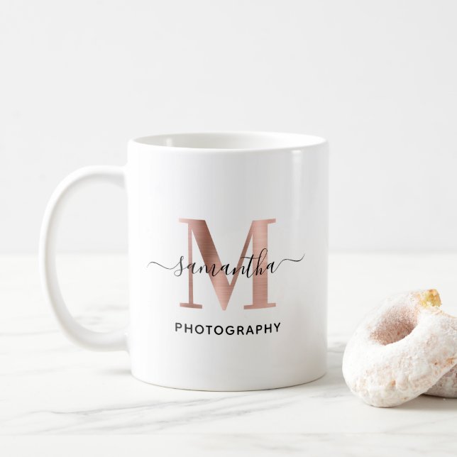 Elegant Signature Rose Gold M Monogram Logo Coffee Mug (With Donut)