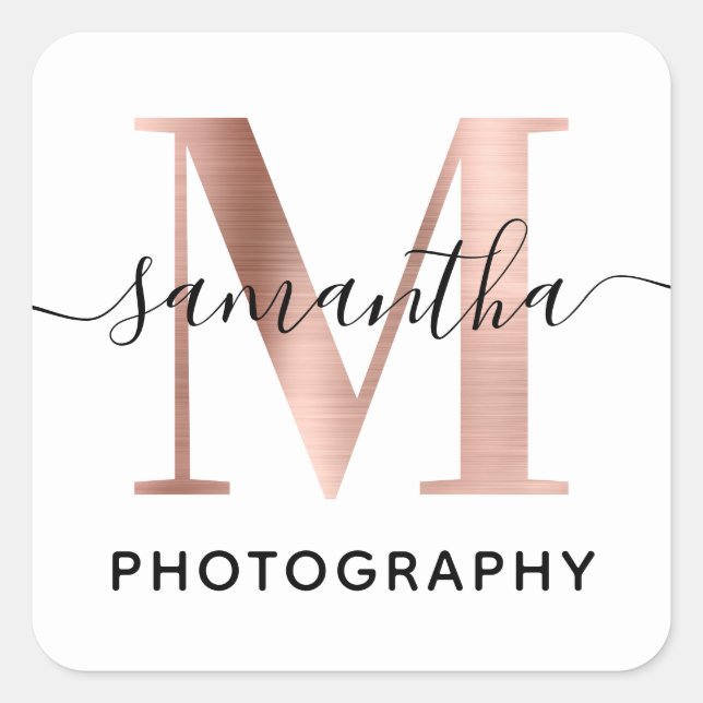 Elegant Signature Rose Gold M Monogram Logo Square Sticker (Front)