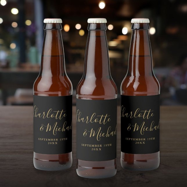 Elegant Signature Script Black And Gold Wedding Beer Bottle Label (Elegant Signature Script Black And Gold Wedding Beer Bottle Label)