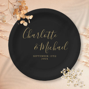Elegant Signature Script Black And Gold Wedding Paper Plate