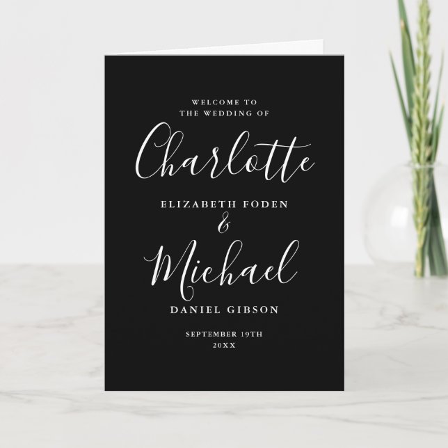 Elegant Signature Script Black And White Wedding Programme (Front)