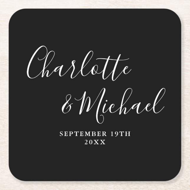 Elegant Signature Script Black And White Wedding Square Paper Coaster (Front)