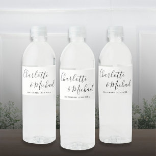 Elegant Signature Script Black And White Wedding Water Bottle Label