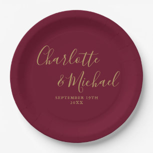 Elegant Signature Script Burgundy and Gold Wedding Paper Plate