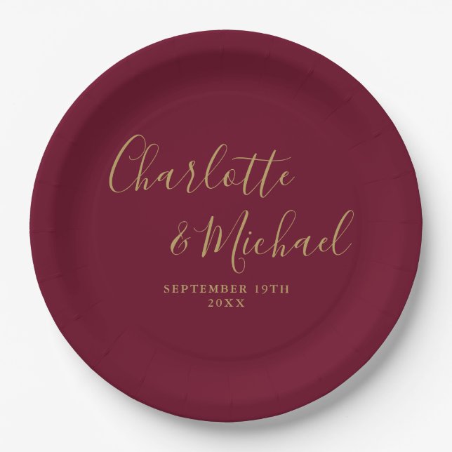 Elegant Signature Script Burgundy and Gold Wedding Paper Plate (Front)