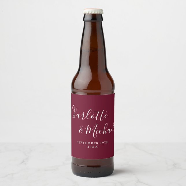 Elegant Signature Script Burgundy Wedding Beer Bottle Label (Front)
