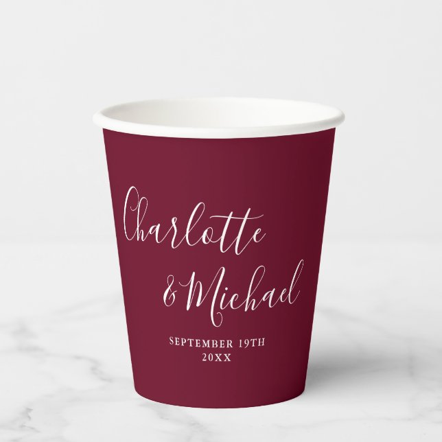 Elegant Signature Script Burgundy Wedding Paper Cups (Front)
