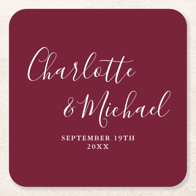 Elegant Signature Script Burgundy Wedding Square Paper Coaster (Front)