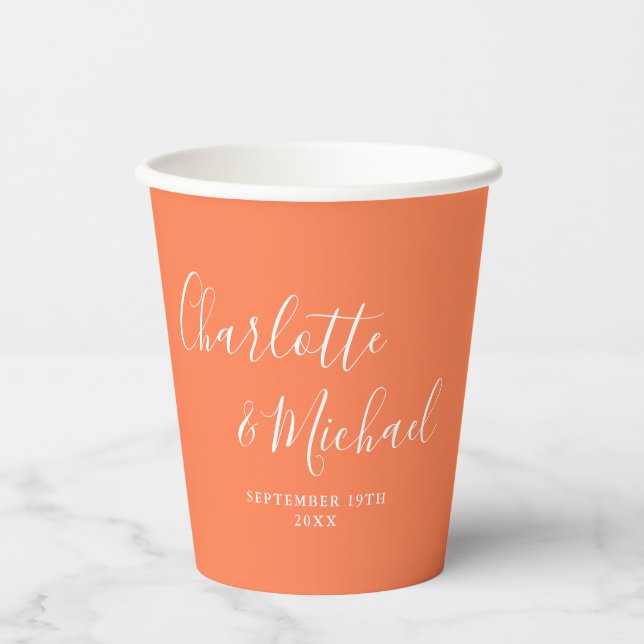 Elegant Signature Script Coral Wedding Paper Cups (Front)