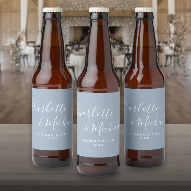 Elegant Signature Script Dusty Blue Wedding Beer Bottle Label (Elegant Signature Script Dusty Blue Wedding Beer Bottle Label)