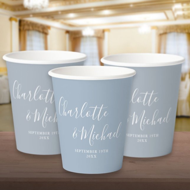 Elegant Signature Script Dusty Blue Wedding Paper Cups (Elegant Signature Script Dusty Blue Wedding Paper Cups)