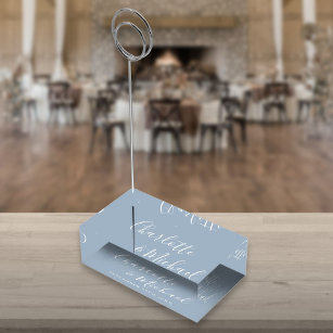 Elegant Signature Script Dusty Blue Wedding Place Card Holder