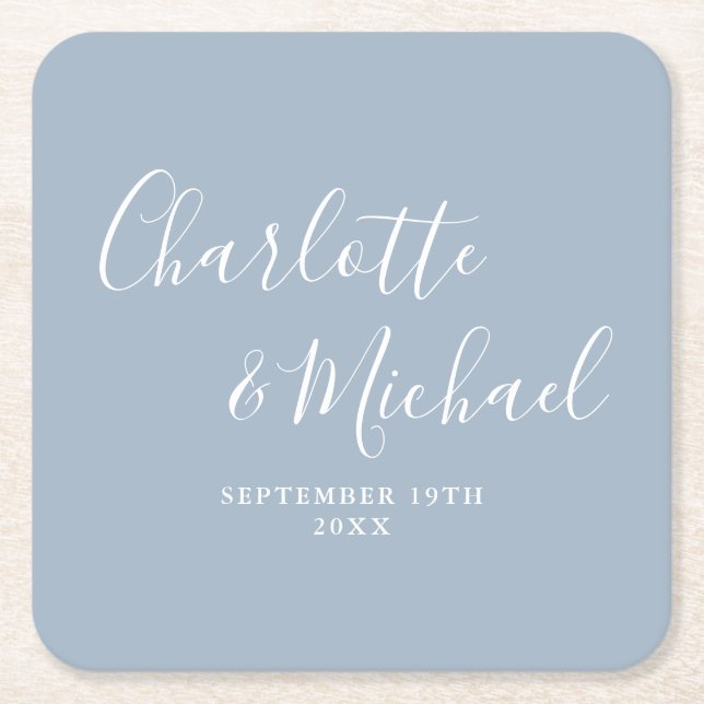 Elegant Signature Script Dusty Blue Wedding Square Paper Coaster (Front)