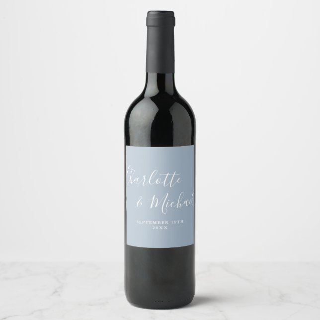 Elegant Signature Script Dusty Blue Wedding Wine Label (Front)