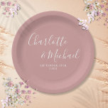 Elegant Signature Script Dusty Rose Wedding Paper Plate<br><div class="desc">Elegant signature dusty rose wedding paper plates personalised with signature style names and your special wedding date. Designed by Thisisnotme©</div>