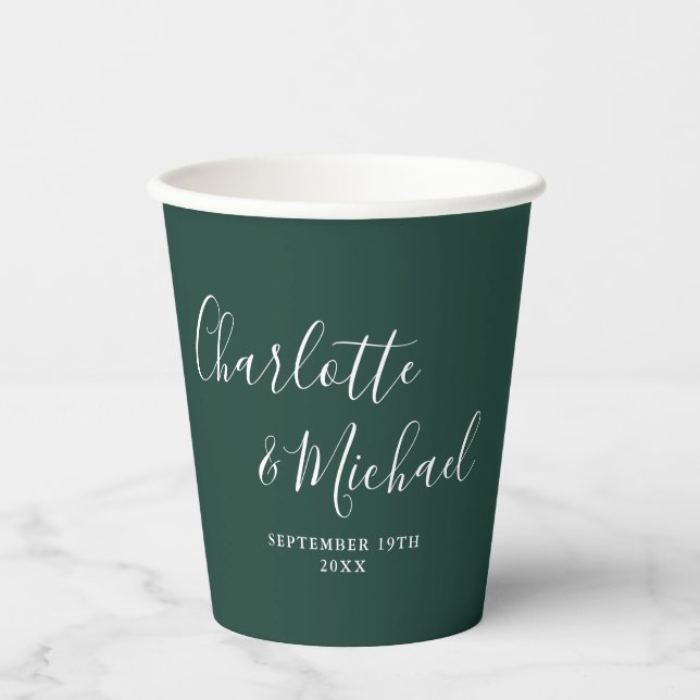 Elegant Signature Script Emerald Green Wedding Paper Cups (Front)