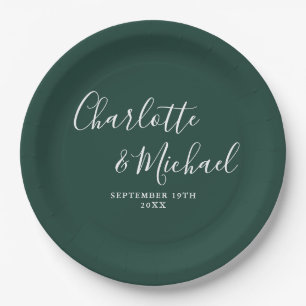 Elegant Signature Script Emerald Green Wedding Paper Plate