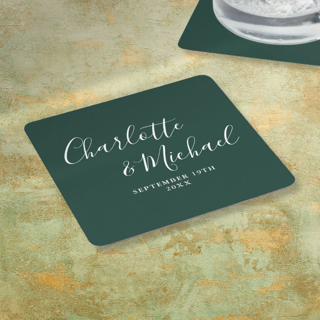 Elegant Signature Script Emerald Green Wedding Square Paper Coaster (Elegant Signature Script Emerald Green Wedding Square Paper Coaster)