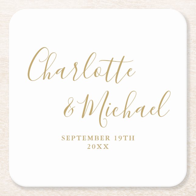 Elegant Signature Script Gold Wedding Square Paper Coaster (Front)