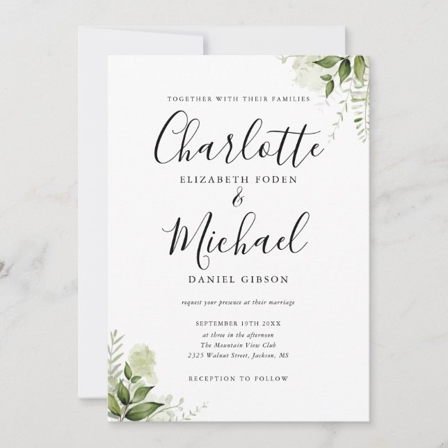 Elegant Signature Script Greenery Leaves Wedding Invitation (Front)