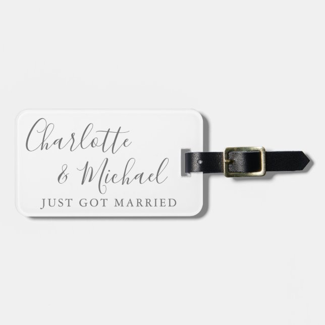 Elegant Signature Script Just Got Married Luggage Tag (Front Horizontal)
