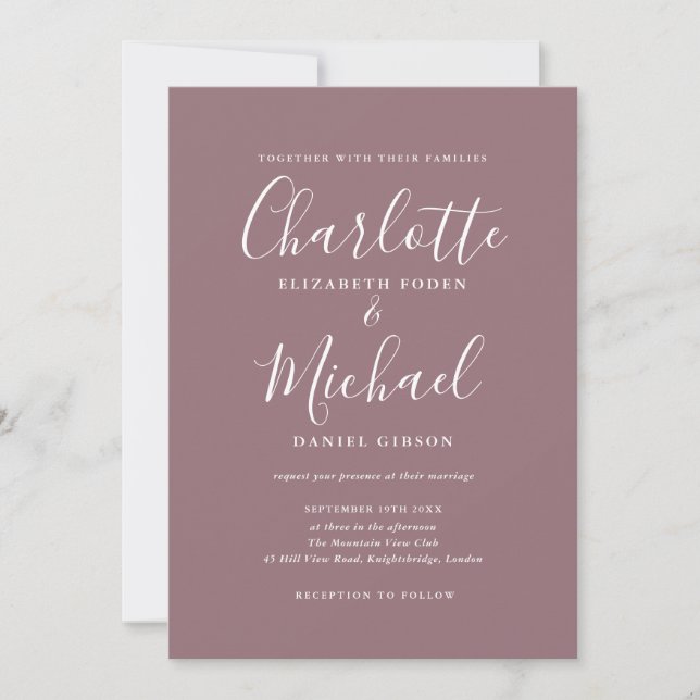 Elegant Signature Script Mauve Wedding Invitation (Front)
