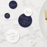 Elegant Signature Script Navy Blue Gold Wedding Confetti<br><div class="desc">Elegant signature navy blue and gold wedding table confetti personalized with signature style names,  special wedding date and message. Designed by Thisisnotme©</div>